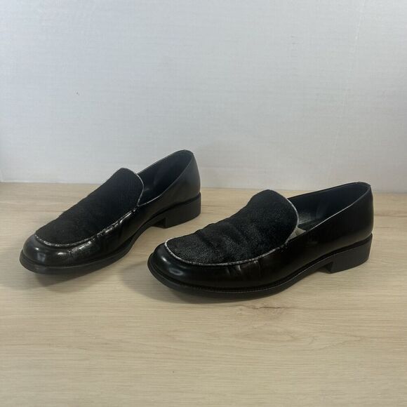 Ann Taylor Black Leather Cowhide Slip On Shoes Wms 7M Block Heel Classic Loafers - Picture 1 of 16